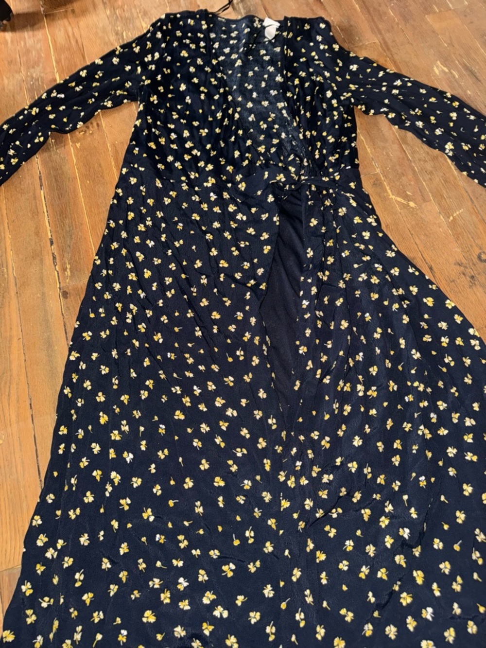 H&M Navy Blue Long Sleeve Floral Wrap Dress with Yellow Print